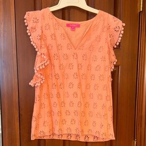 Lilly Pulitzer Astara Peach Flamingo Blouse, Flutter Sleeve, Pom-Pom trim size S